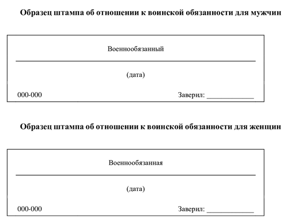 Образец штампа о воинской обязанности для мужчин и женщин