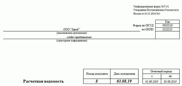 Расчетная ведомость, форма Т-51.
